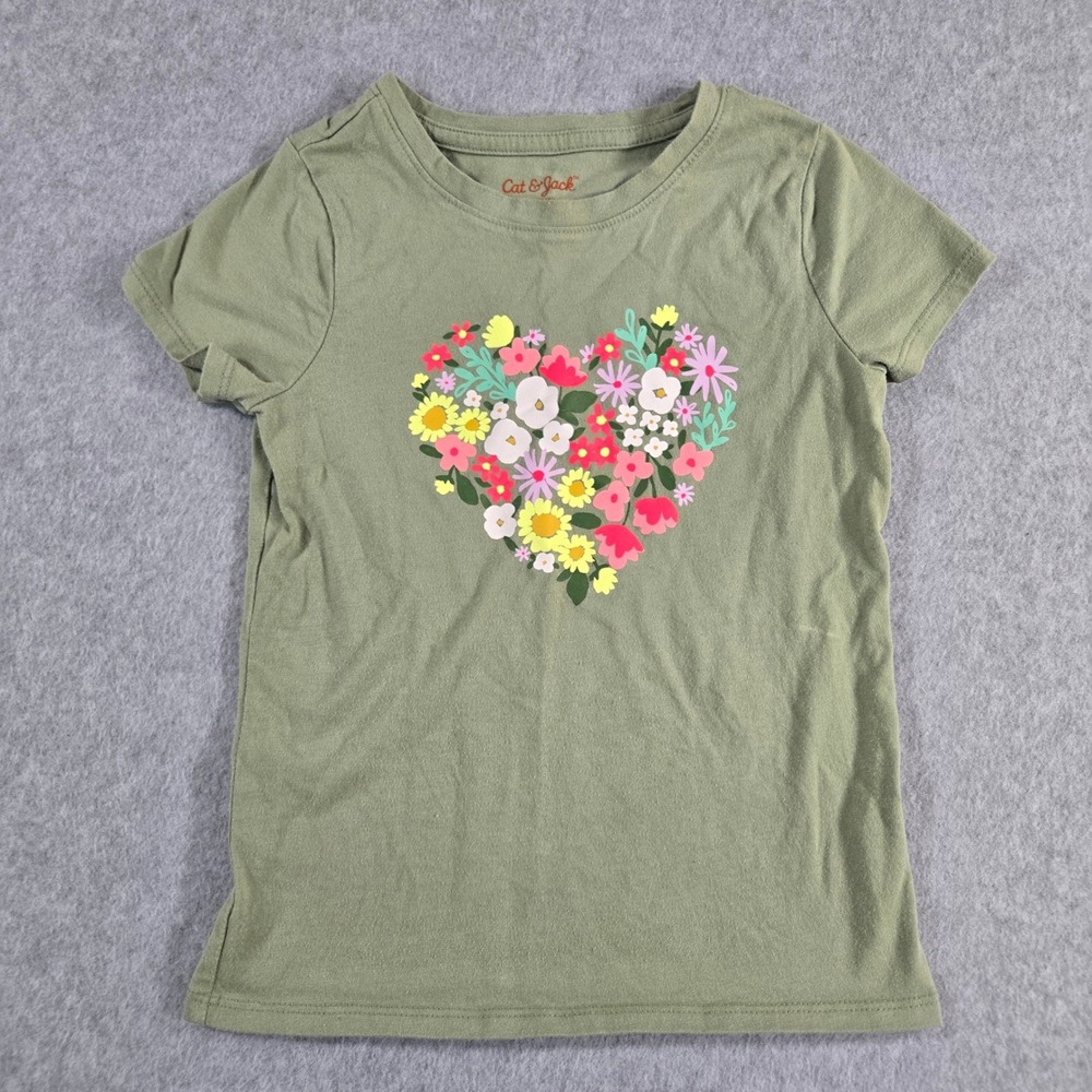 Cat & Jack Girls Floral Heart Graphic Tee Olive Green Short Sleeve Shirt XS 4/5